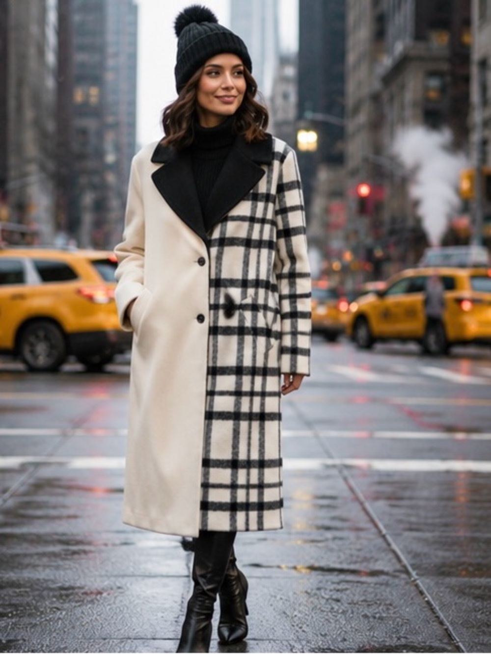 Hutch Cream and Black Plaid Pea Coat